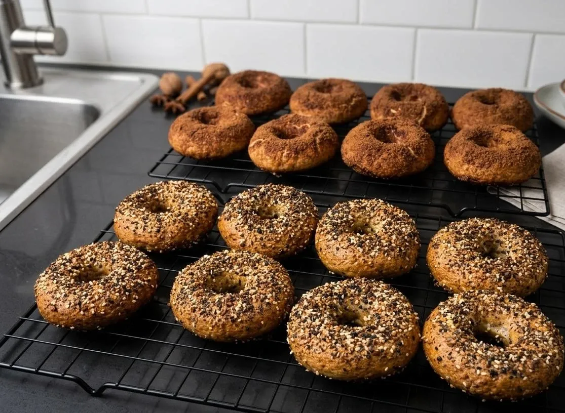 Cinnamon crunch and everything bagels cooling on racks