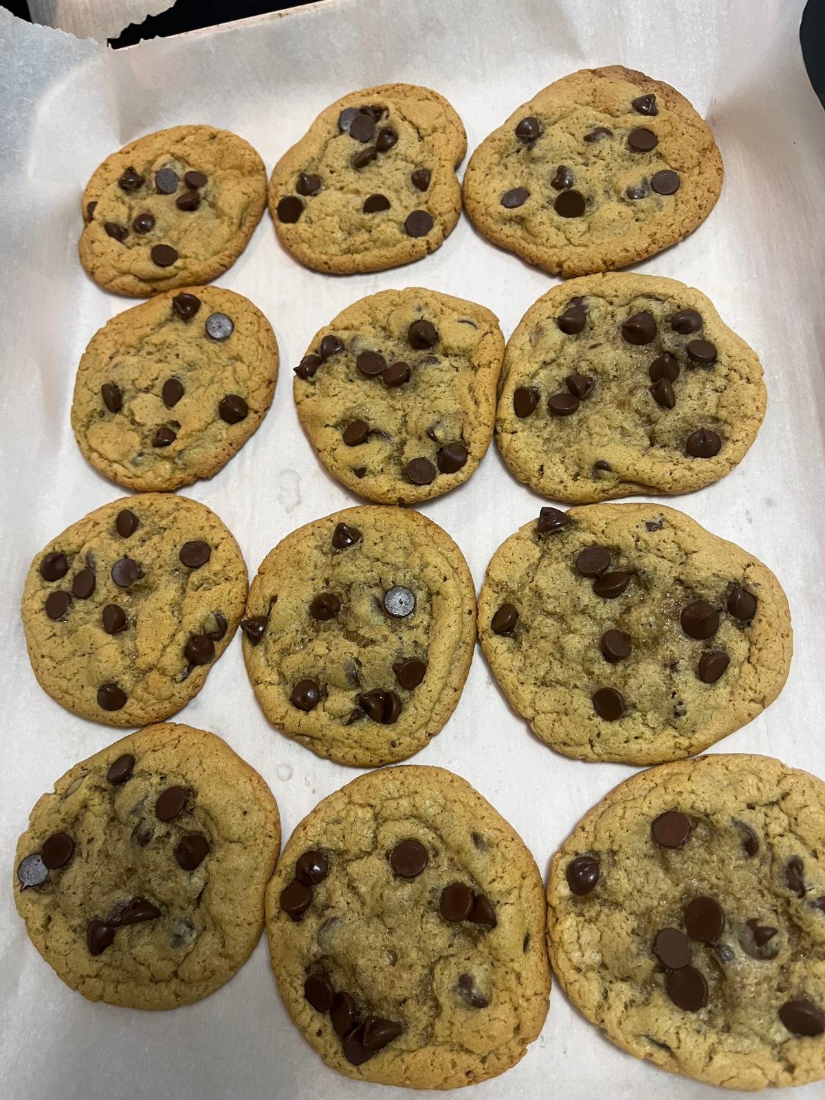 Chocolate chip cookies on parchment