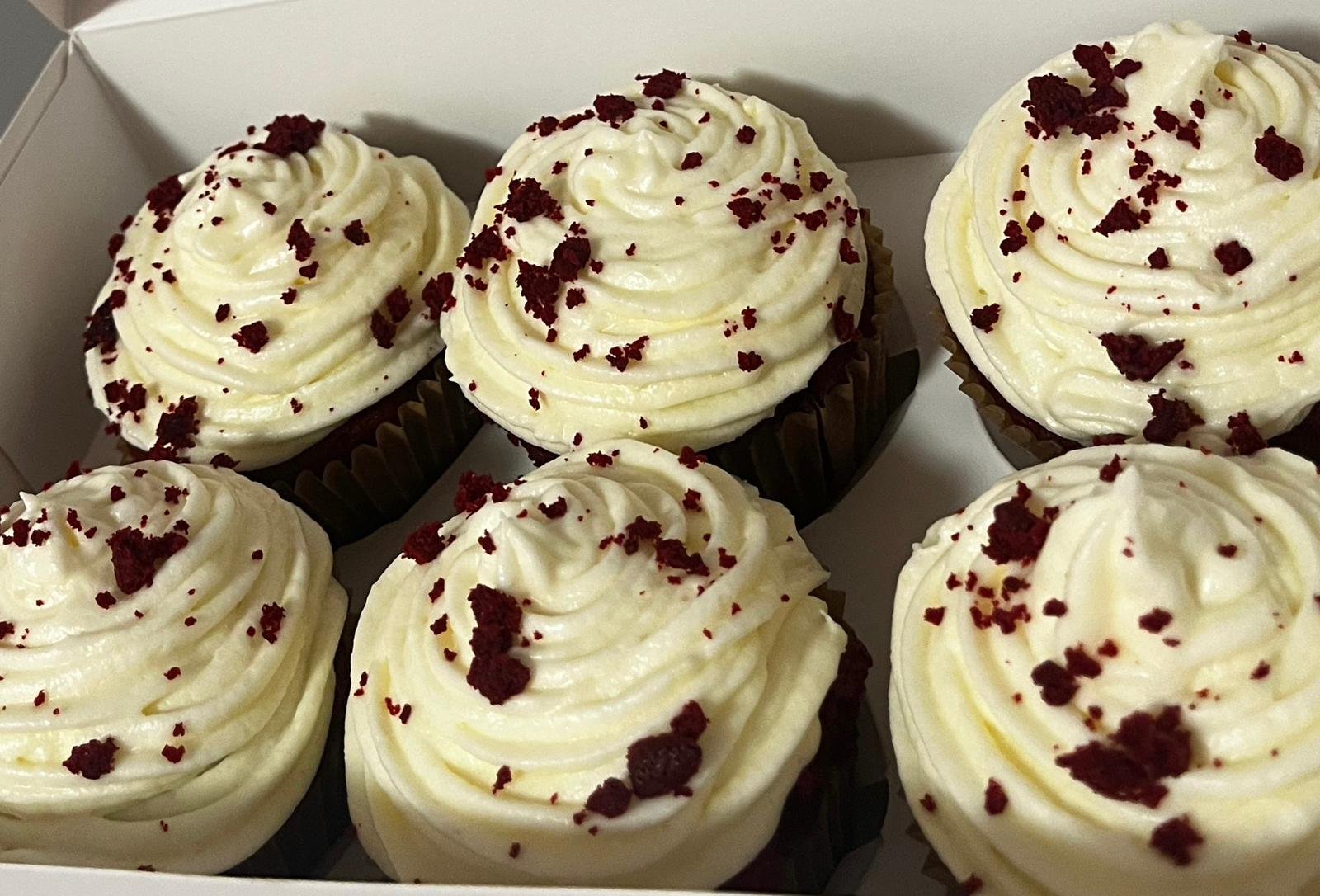 Red velvet cupcakes with cream cheese frosting